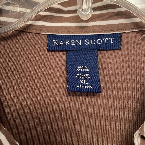NWT KAREN SCOTT Pullover Top Brown with Stripes Accents - Picture 2 of 7